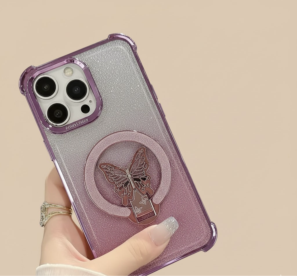 Luxury Butterfly Glitter iPhone Case with Holder & Lens Film