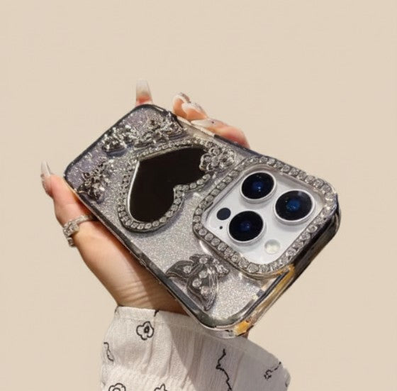 Luxury Electroplate Butterfly Glitter Diamond iPhone Case with Heart Makeup Mirror – Transparent Soft TPU Cover for iPhone 17/16/15/14/13/12 Pro/Max