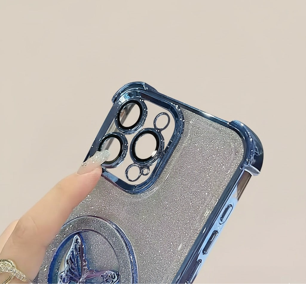 Luxury Butterfly Glitter iPhone Case with Holder & Lens Film