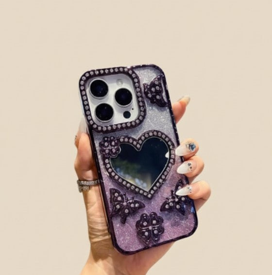 Luxury Electroplate Butterfly Glitter Diamond iPhone Case with Heart Makeup Mirror – Transparent Soft TPU Cover for iPhone 17/16/15/14/13/12 Pro/Max