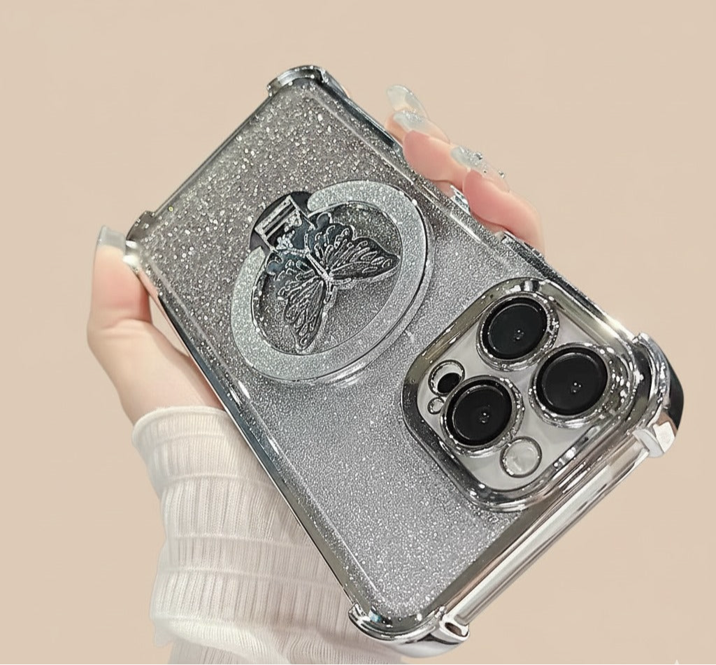 Luxury Butterfly Glitter iPhone Case with Holder & Lens Film