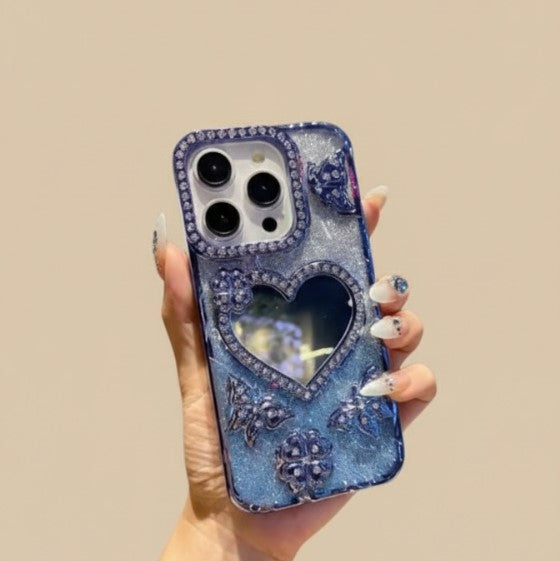 Luxury Electroplate Butterfly Glitter Diamond iPhone Case with Heart Makeup Mirror – Transparent Soft TPU Cover for iPhone 17/16/15/14/13/12 Pro/Max
