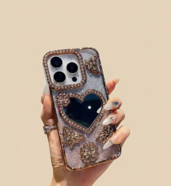 Luxury Electroplate Butterfly Glitter Diamond iPhone Case with Heart Makeup Mirror – Transparent Soft TPU Cover for iPhone 17/16/15/14/13/12 Pro/Max