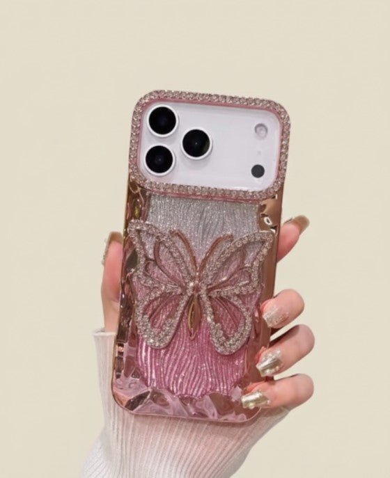 Sparkly 3D Diamond Butterfly Glitter Gradient Case for iPhone 17/16/15/14/13/12/11 Pro/Pro Max/Plus – Plated Shockproof TPU Cover