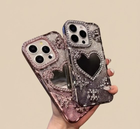 Luxury Electroplate Butterfly Glitter Diamond iPhone Case with Heart Makeup Mirror – Transparent Soft TPU Cover for iPhone 17/16/15/14/13/12 Pro/Max