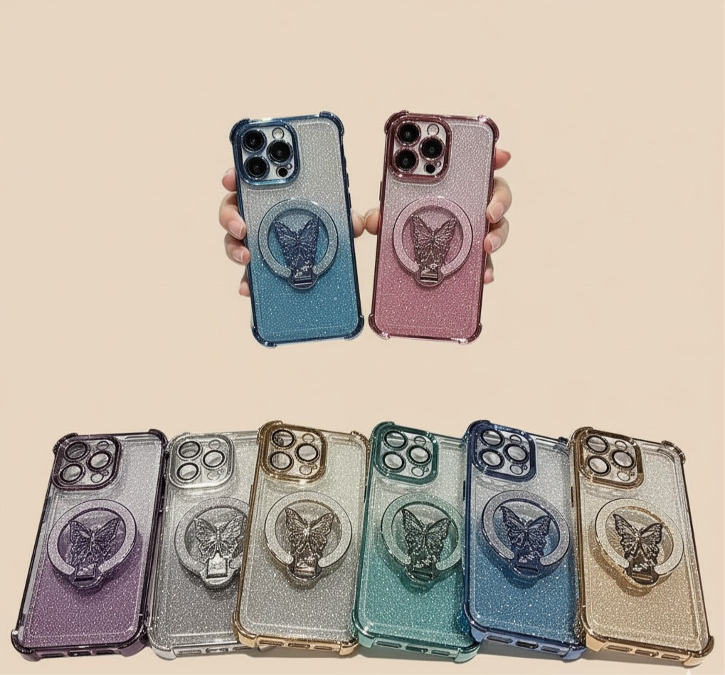 Luxury Butterfly Glitter iPhone Case with Holder & Lens Film