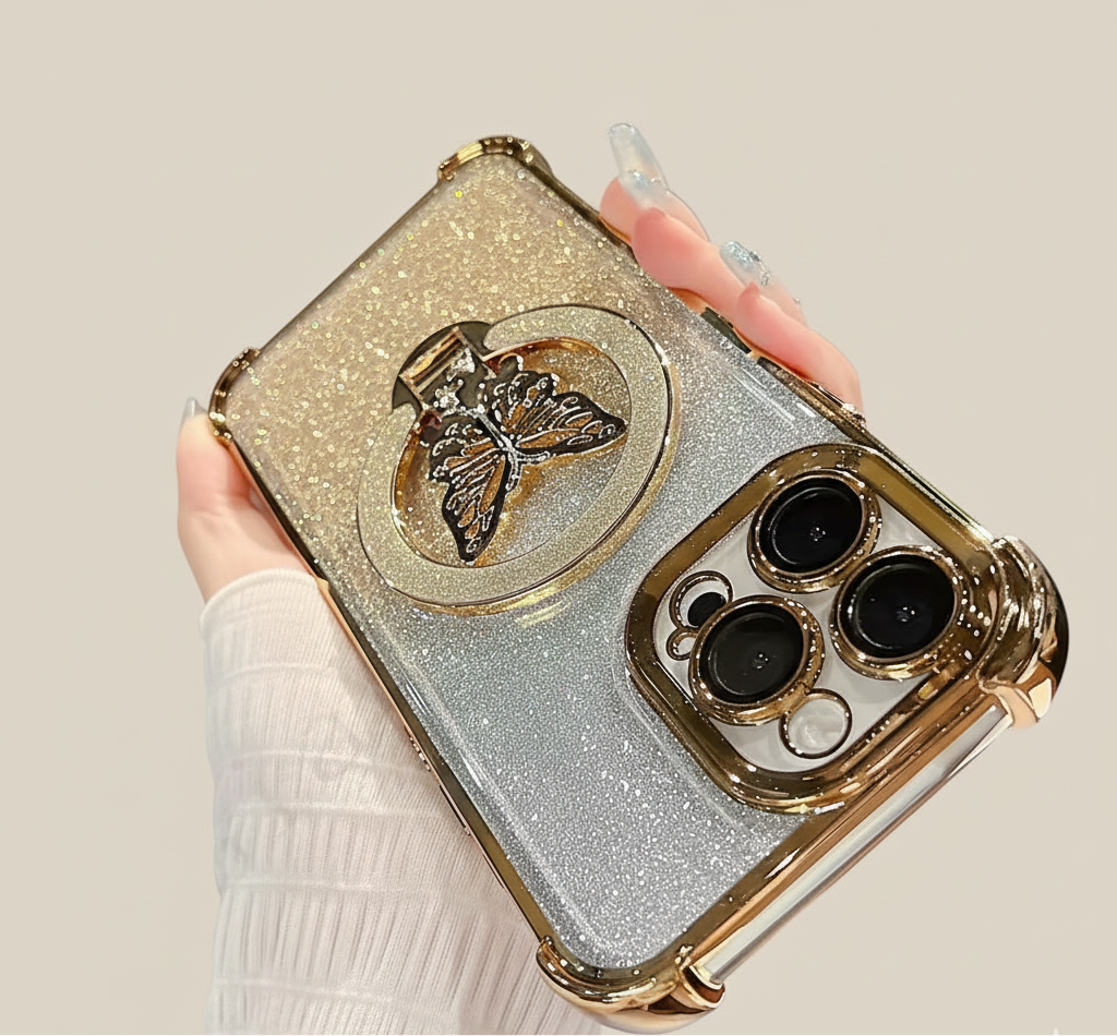 Luxury Butterfly Glitter iPhone Case with Holder & Lens Film