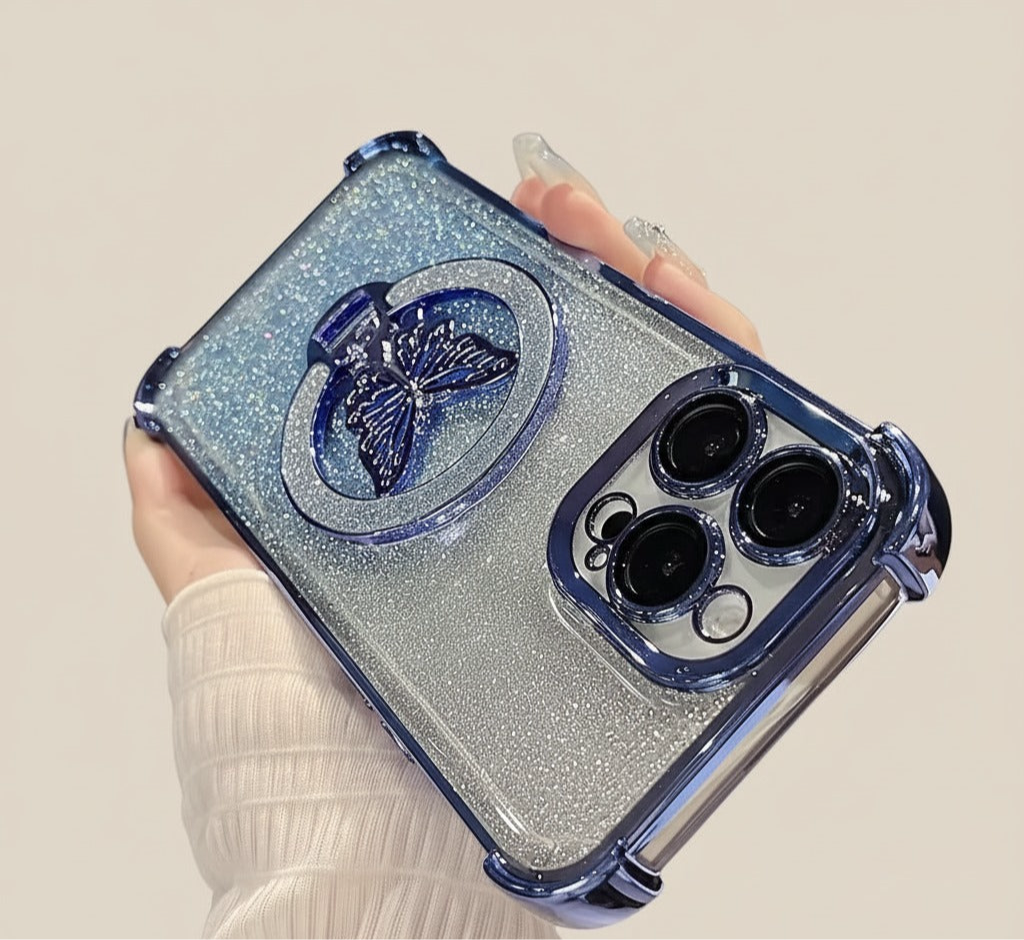 Luxury Butterfly Glitter iPhone Case with Holder & Lens Film