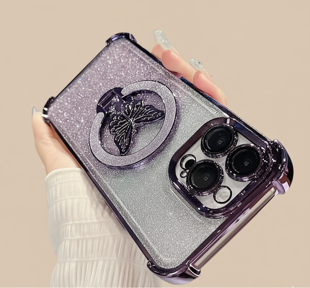 Luxury Butterfly Glitter iPhone Case with Holder & Lens Film