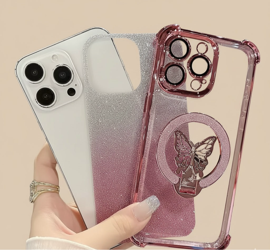 Luxury Butterfly Glitter iPhone Case with Holder & Lens Film