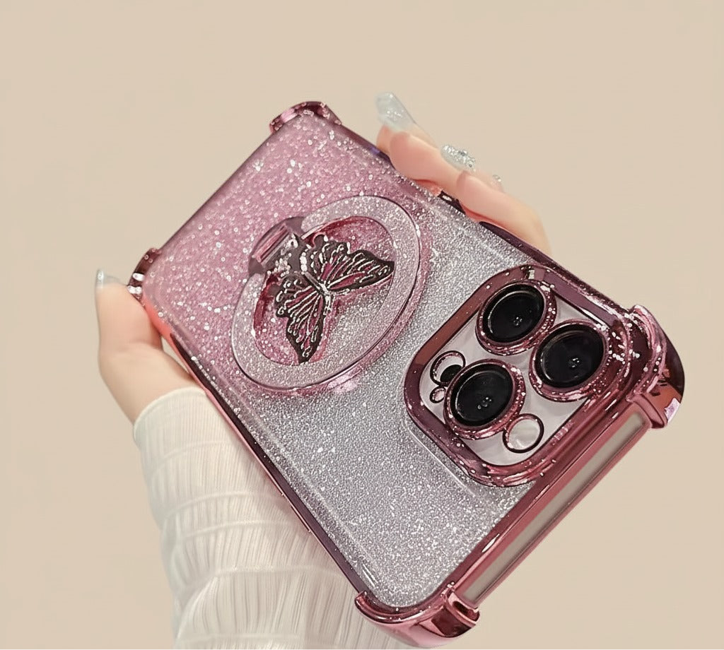 Luxury Butterfly Glitter iPhone Case with Holder & Lens Film
