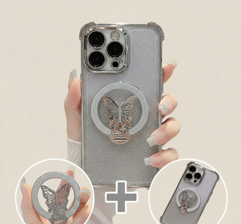 Luxury Butterfly Glitter iPhone Case with Holder & Lens Film