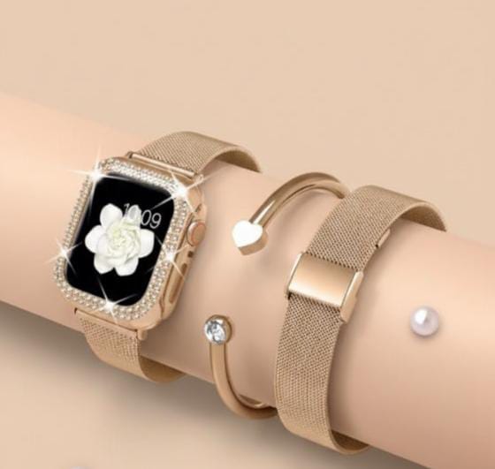 Diamond Case + Metal Strap, Stainless Steel Bracelet – Compatible with Apple Watch Ultra 2, Series 9/8/7/6/5/4 (45/44/41/40mm)