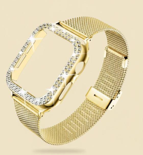Diamond Case + Metal Strap, Stainless Steel Bracelet – Compatible with Apple Watch Ultra 2, Series 9/8/7/6/5/4 (45/44/41/40mm)