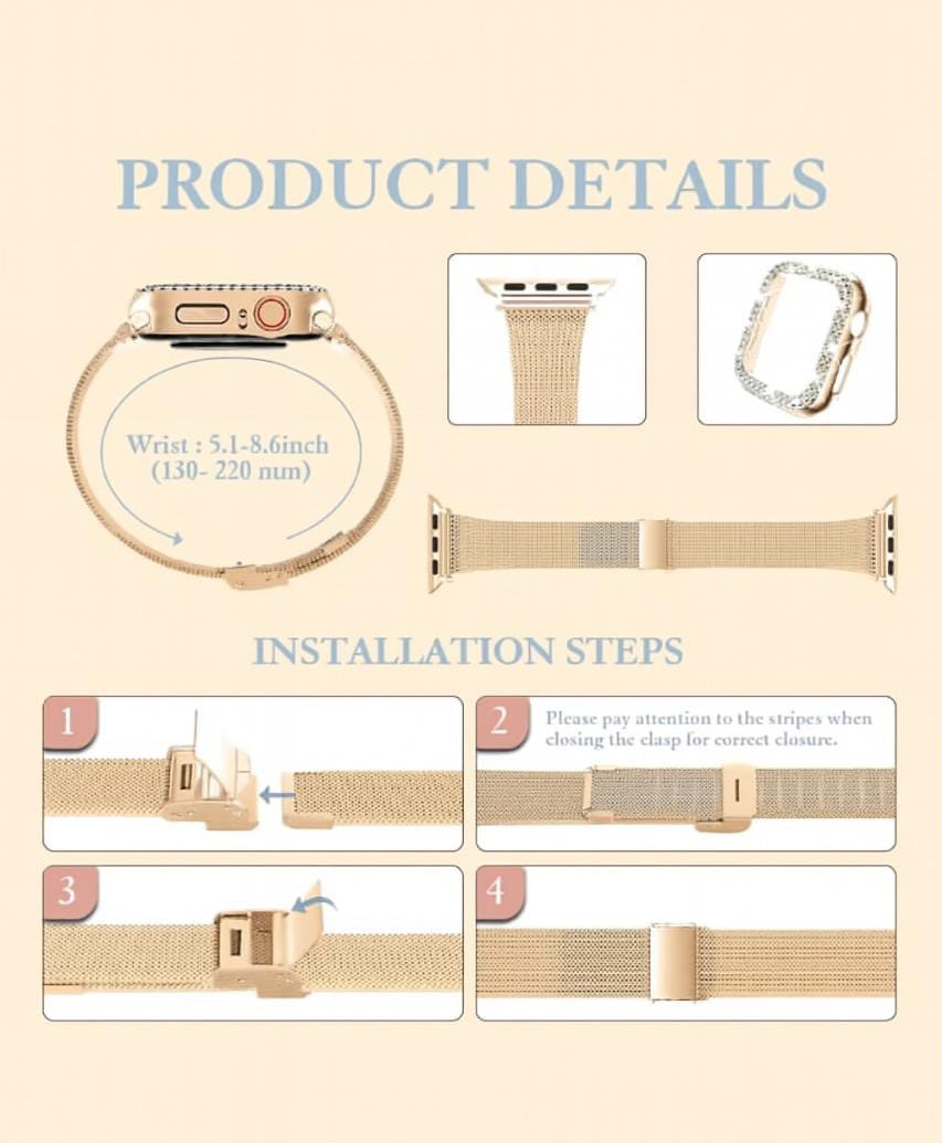Diamond Case + Metal Strap, Stainless Steel Bracelet – Compatible with Apple Watch Ultra 2, Series 9/8/7/6/5/4 (45/44/41/40mm)
