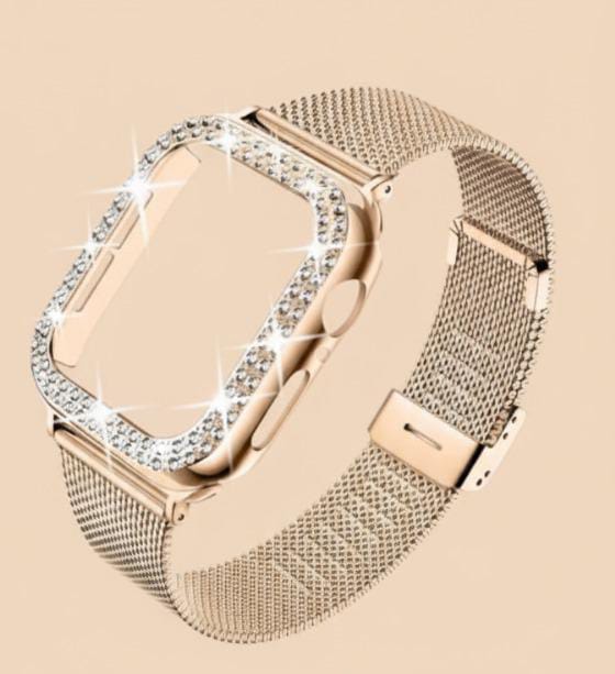 Diamond Case + Metal Strap, Stainless Steel Bracelet – Compatible with Apple Watch Ultra 2, Series 9/8/7/6/5/4 (45/44/41/40mm)