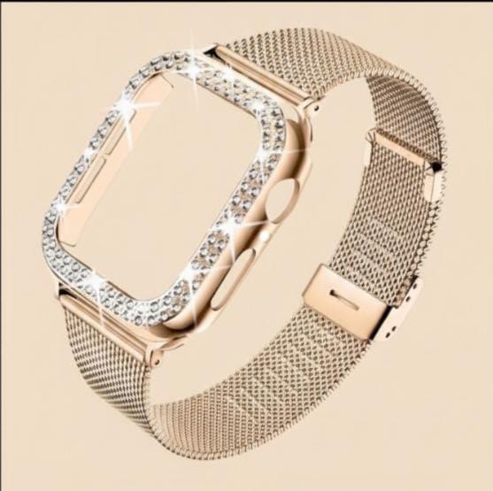 Diamond Case + Metal Strap, Stainless Steel Bracelet – Compatible with Apple Watch Ultra 2, Series 9/8/7/6/5/4 (45/44/41/40mm)