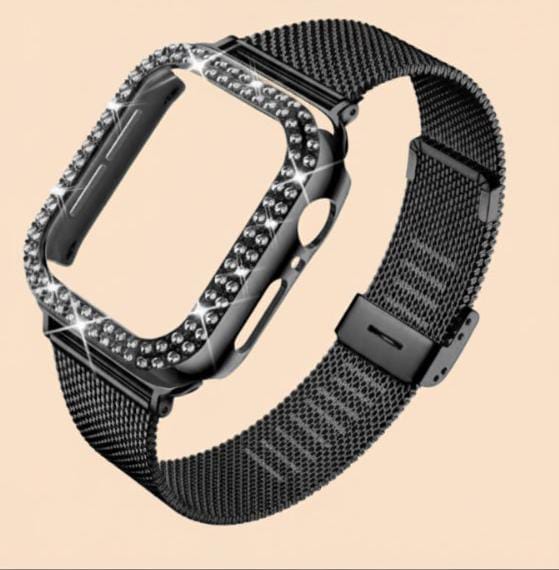 Diamond Case + Metal Strap, Stainless Steel Bracelet – Compatible with Apple Watch Ultra 2, Series 9/8/7/6/5/4 (45/44/41/40mm)