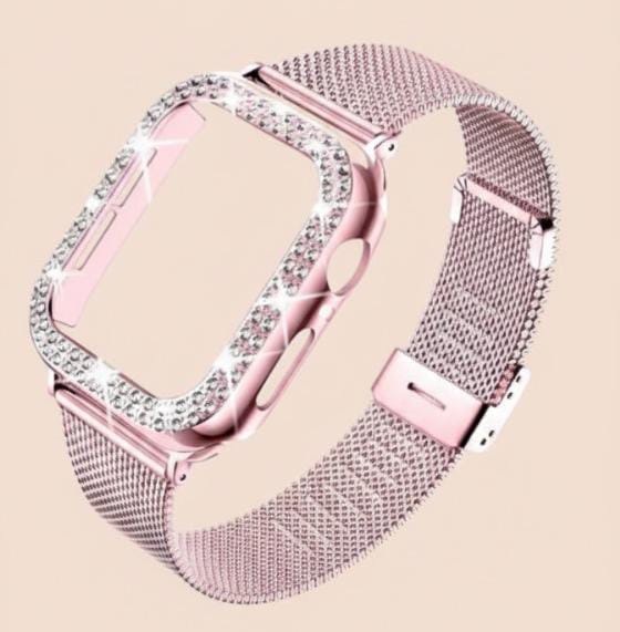 Diamond Case + Metal Strap, Stainless Steel Bracelet – Compatible with Apple Watch Ultra 2, Series 9/8/7/6/5/4 (45/44/41/40mm)