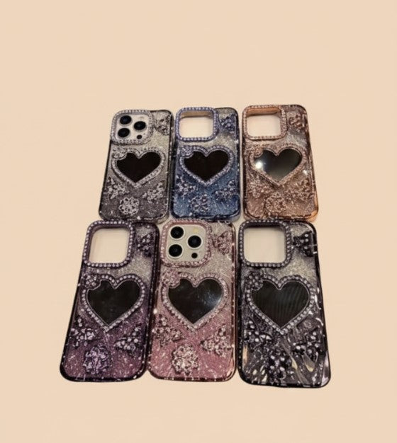 Luxury Electroplate Butterfly Glitter Diamond iPhone Case with Heart Makeup Mirror – Transparent Soft TPU Cover for iPhone 17/16/15/14/13/12 Pro/Max