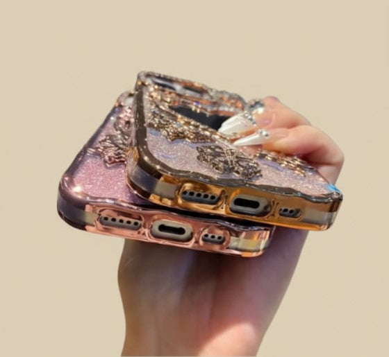 Luxury Electroplate Butterfly Glitter Diamond iPhone Case with Heart Makeup Mirror – Transparent Soft TPU Cover for iPhone 17/16/15/14/13/12 Pro/Max