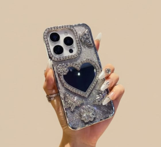 Luxury Electroplate Butterfly Glitter Diamond iPhone Case with Heart Makeup Mirror – Transparent Soft TPU Cover for iPhone 17/16/15/14/13/12 Pro/Max