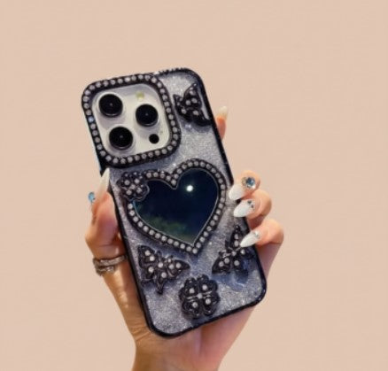 Luxury Electroplate Butterfly Glitter Diamond iPhone Case with Heart Makeup Mirror – Transparent Soft TPU Cover for iPhone 17/16/15/14/13/12 Pro/Max
