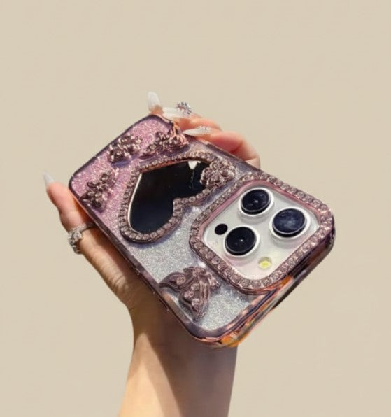 Luxury Electroplate Butterfly Glitter Diamond iPhone Case with Heart Makeup Mirror – Transparent Soft TPU Cover for iPhone 17/16/15/14/13/12 Pro/Max