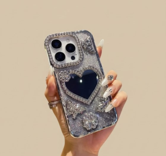 Luxury Electroplate Butterfly Glitter Diamond iPhone Case with Heart Makeup Mirror – Transparent Soft TPU Cover for iPhone 17/16/15/14/13/12 Pro/Max