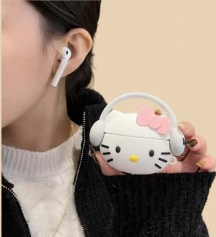 Cartoon Kitty Protective Case for AirPods (1/2/3) & AirPods Pro/Pro 2 – Cute Silicone Cover with Metal Hook, Kawaii Earphone Box (Not Official Sanrio)
