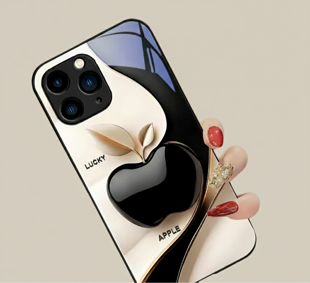 Happy Black Apple Tempered Glass iPhone Case.
