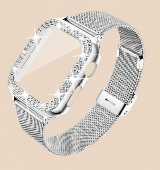 Diamond Case + Metal Strap, Stainless Steel Bracelet – Compatible with Apple Watch Ultra 2, Series 9/8/7/6/5/4 (45/44/41/40mm)