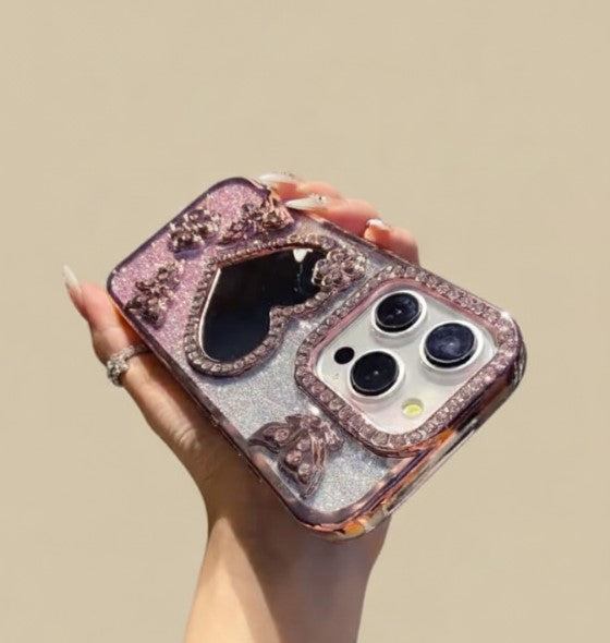Luxury Electroplate Butterfly Glitter Diamond iPhone Case with Heart Makeup Mirror – Transparent Soft TPU Cover for iPhone 17/16/15/14/13/12 Pro/Max